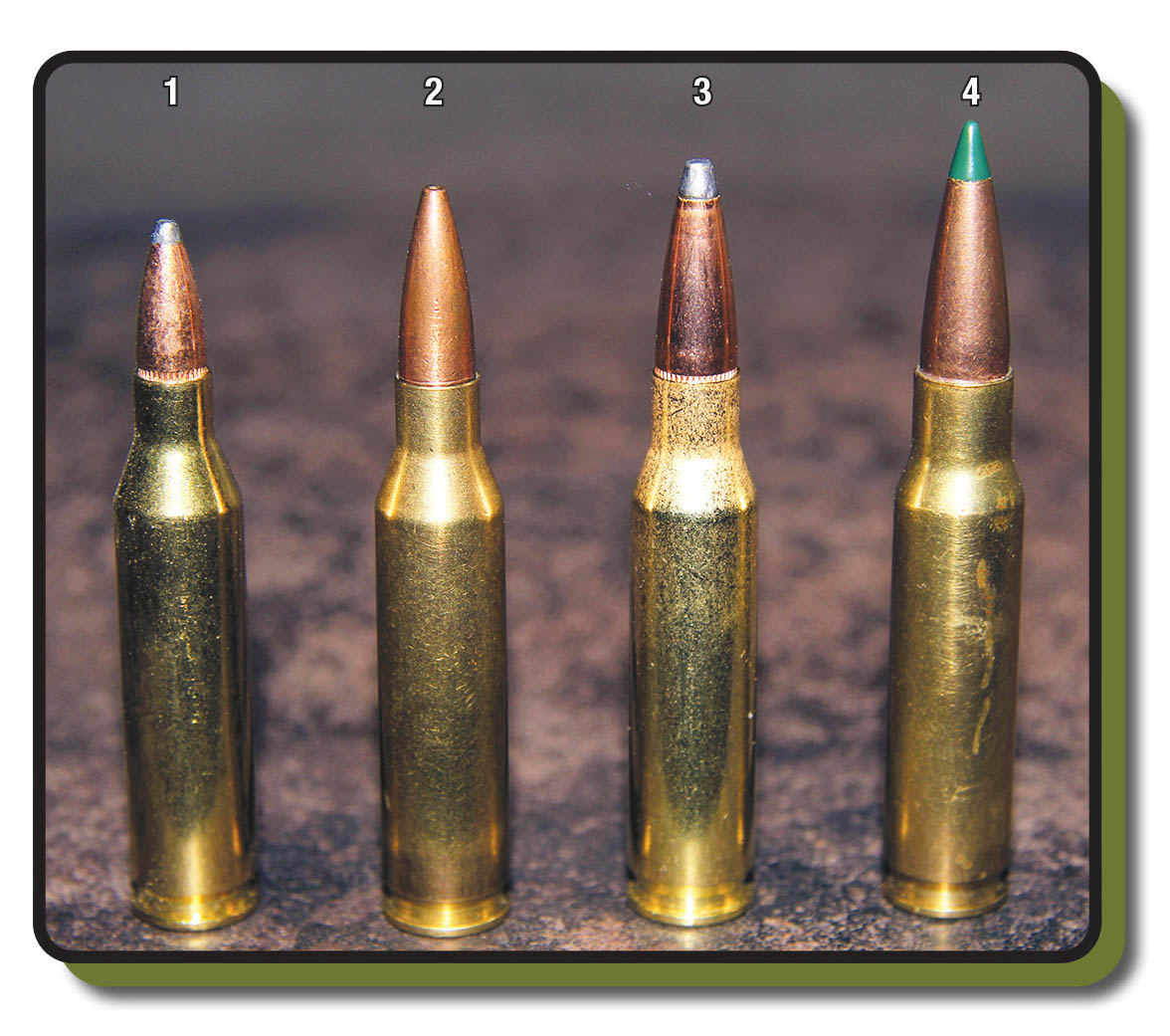 The (1) .243 Winchester is the smallest of the .308 Winchester-derived cartridges, including the (2) .260 Remington, (3) 7mm-08 Remington and (4) .308 Winchester.